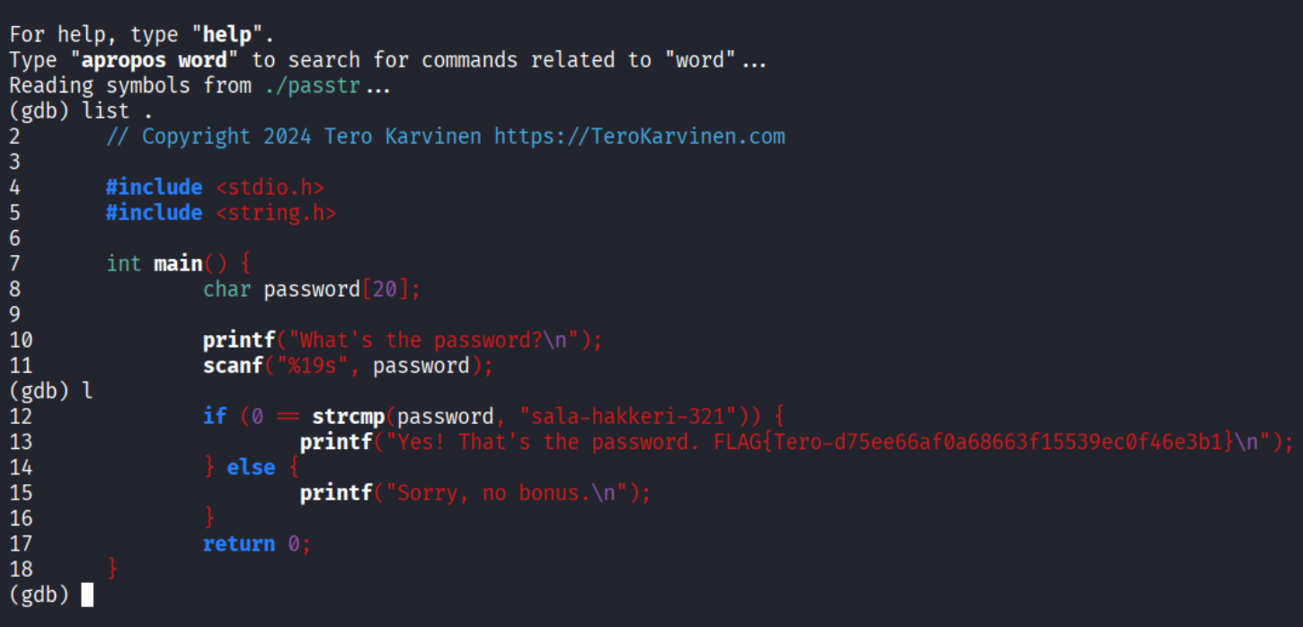 Tiedosto gdb avattuna