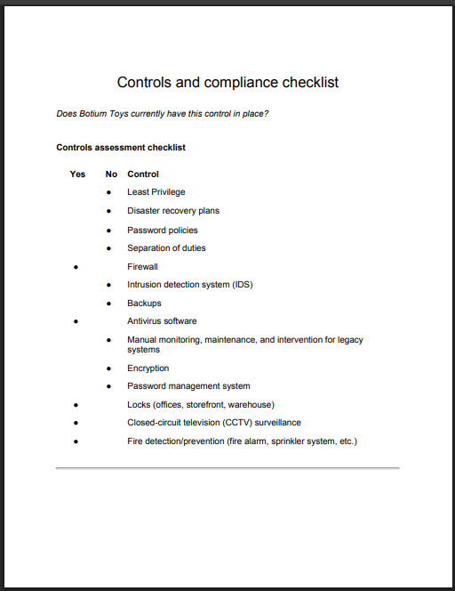 Controls and compliance checklist one